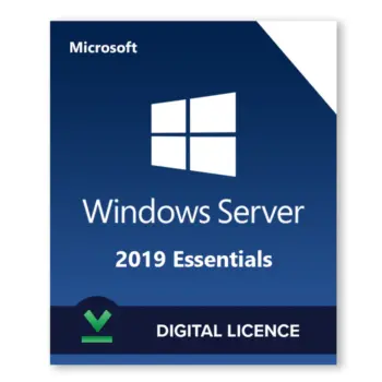 Altta belirtilen dijital lisans olan Windows Server 2019 Essentials Lisans Anahtarı ürün kutusunun görüntüsü. Kutuda Microsoft logosu ve bir onay işareti simgesi bulunur.