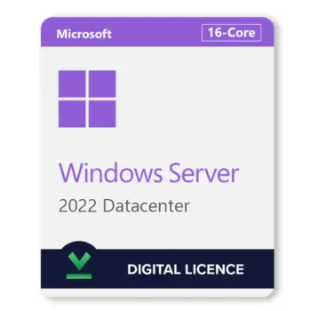 Windows Server 2022 Datacenter Lisans Anahtarı için 16 Çekirdek etiketli dijital lisansın görseli. Lisans, mor ve beyaz renk şemasına sahip bir kartta temsil edilir.