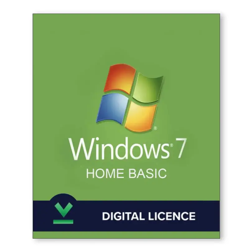 Windows logosu ve beyaz "Windows 7 Home Basic" metninin bulunduğu yeşil kutu. Alt kısımdaki mavi şeritte beyaz harflerle "Dijital Lisans" yazıyor; güvenilir bir Windows 7 Home Basic Lisans Anahtarı arayanlar için mükemmel.